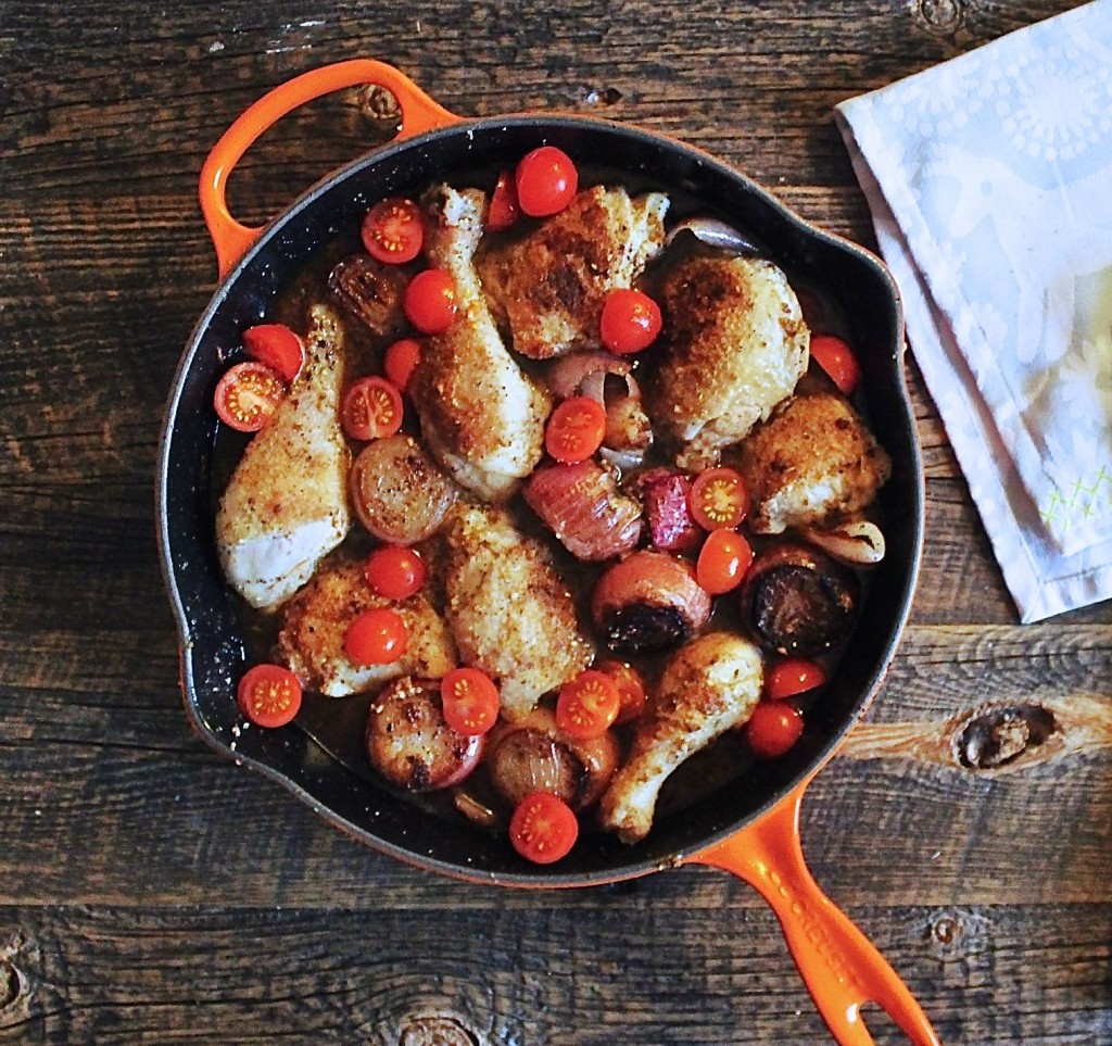 chicken with shallots, in skillet