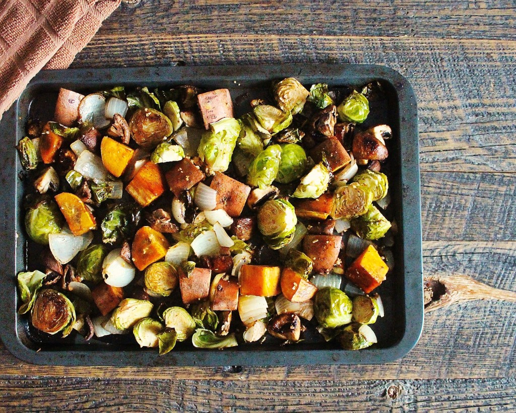 roasted autumnal vegetables in balsamic and mustard